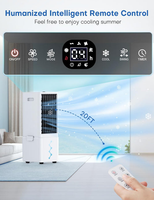 NOMEY 4 EN 1 Aire Acondicionado Portátil 12 L, Ventilador Enfriador de Aire 4 Modos, 4 Velocidades,90° Oscilación Auto, Control Remoto, Pantalla LED, Alerta sin Agua, Temporizador 12H, Para Hogar