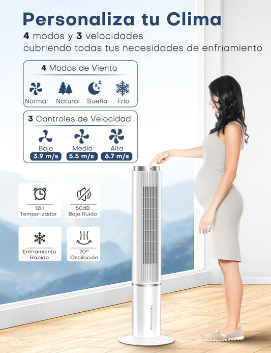 NOMEY 107CM Enfriador de Aire, 4L Tanque Aire Acondicionado,Viene con un Ventilador de Mano Portátil, Control Remoto,Pantalla LED Táctil, 4 Modos 3 Velocidades, Temporizador de 12H, Oscilación de 90°