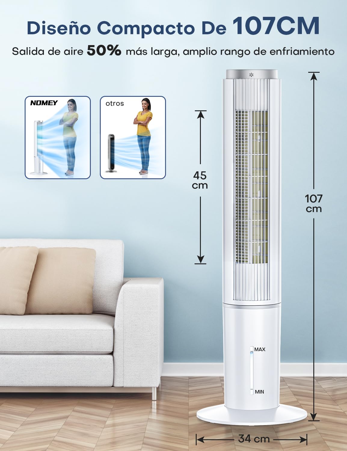 NOMEY 107CM Enfriador de Aire, 4L Tanque Aire Acondicionado,Viene con un Ventilador de Mano Portátil, Control Remoto,Pantalla LED Táctil, 4 Modos 3 Velocidades, Temporizador de 12H, Oscilación de 90°
