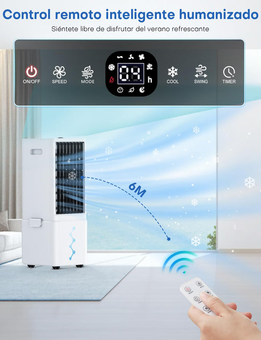 NOMEY 3 En 1 Aire Acondicionado Portátil, 9L Tanque Enfriador de Aire Portatil, 4 Modos 3 Velocidades, Apagado Automático, Control Remoto, Temporizador de 12h, Ideal Para Dormitorios, Oficinas