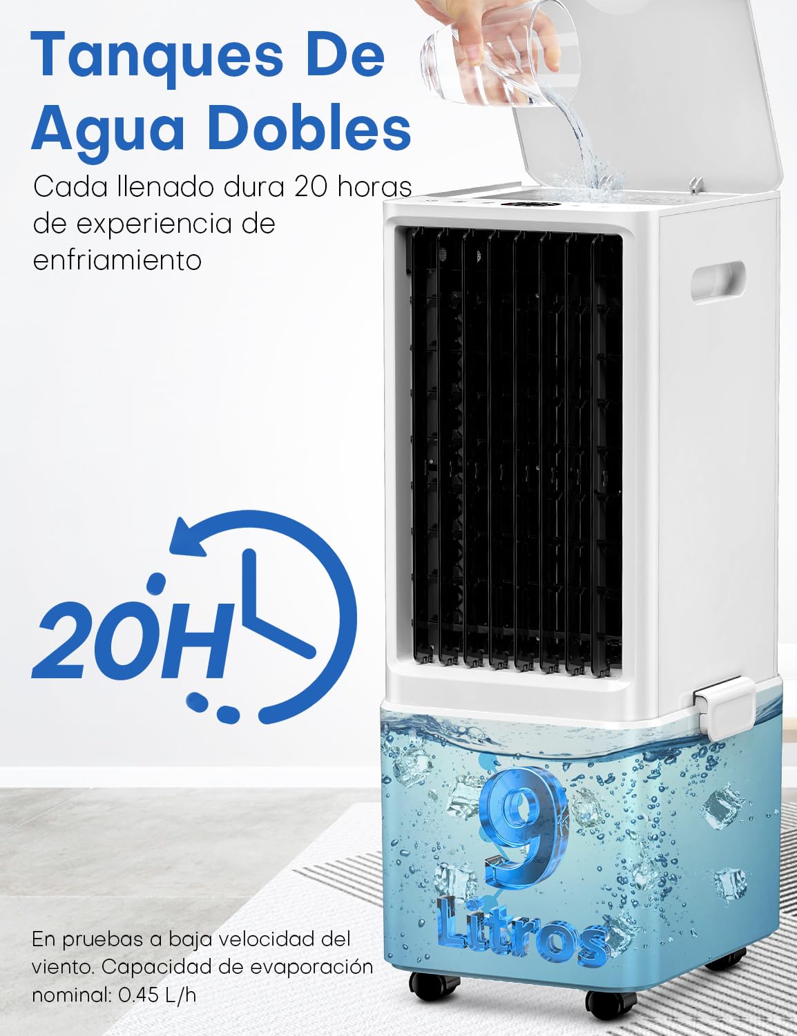 NOMEY 3 En 1 Aire Acondicionado Portรกtil, 9L Tanque Enfriador de Aire Portatil, 4 Modos 3 Velocidades, Apagado Automรกtico, Control Remoto, Temporizador de 12h, Ideal Para Dormitorios, Oficinas