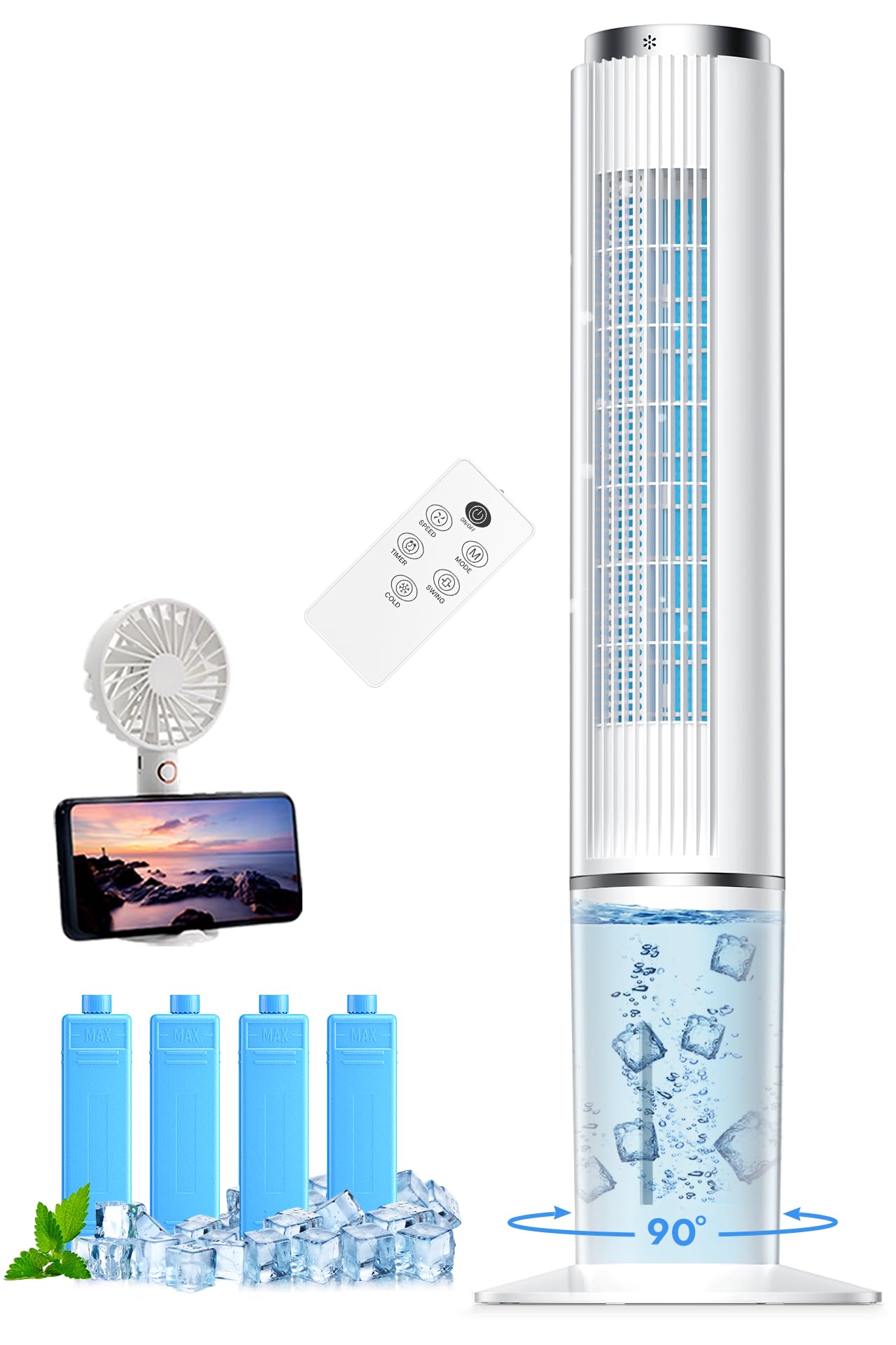 NOMEY Enfriador de Aire, 107CM Oscilación de 90°, 4L Tanque Aire Acondicionado, Viene con un Ventilador de Mano Portátil, Control Remoto, Pantalla LED Táctil, 4 Modos 3 Velocidades, 12H Temporizador