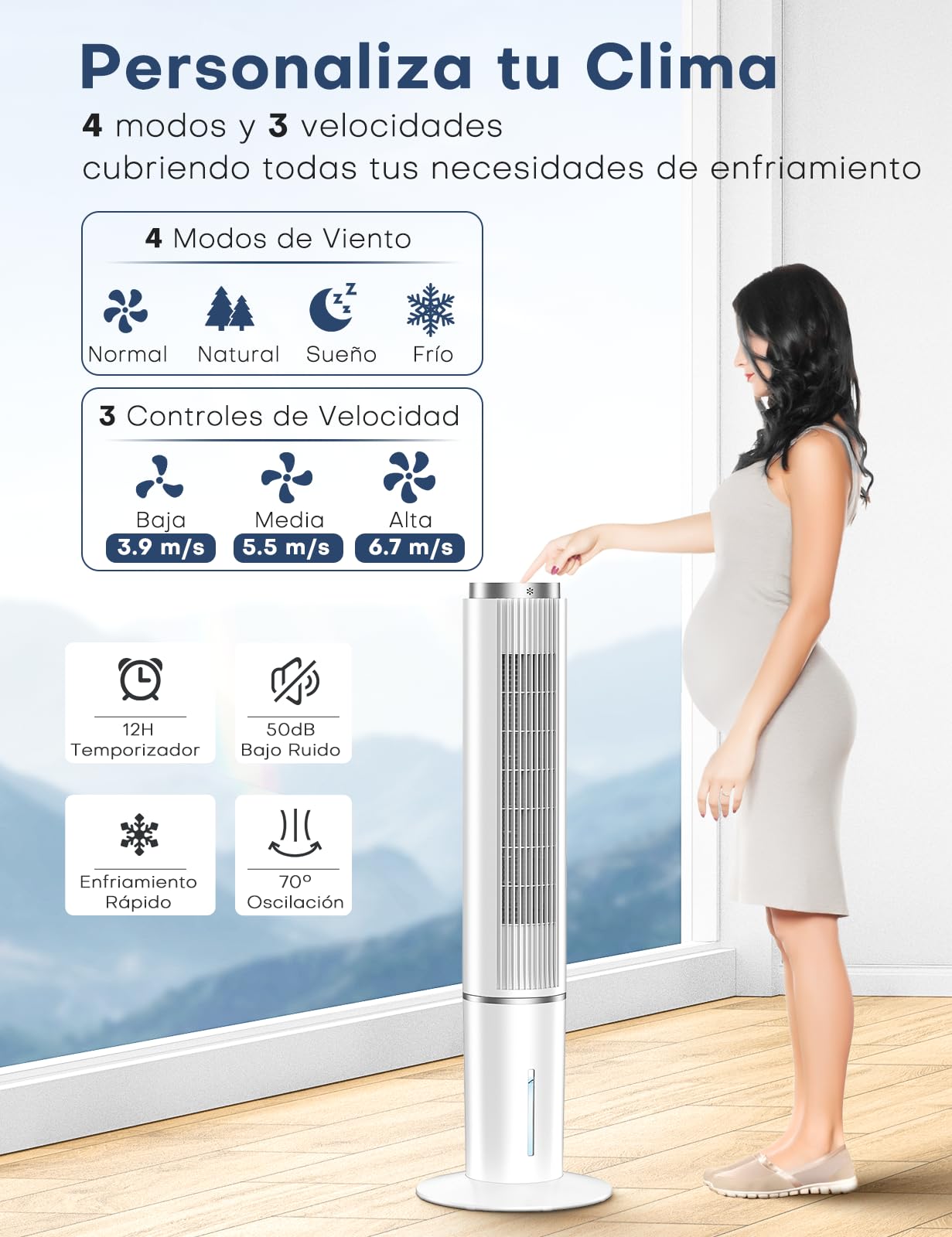 NOMEY Enfriador de Aire, 107CM Oscilación de 90°, 4L Tanque Aire Acondicionado, Viene con un Ventilador de Mano Portátil, Control Remoto, Pantalla LED Táctil, 4 Modos 3 Velocidades, 12H Temporizador