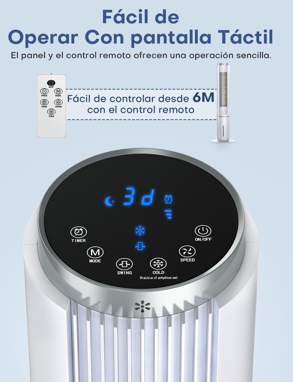 NOMEY Enfriador de Aire, 107CM Oscilación de 90°, 4L Tanque Aire Acondicionado, Viene con un Ventilador de Mano Portátil, Control Remoto, Pantalla LED Táctil, 4 Modos 3 Velocidades, 12H Temporizador