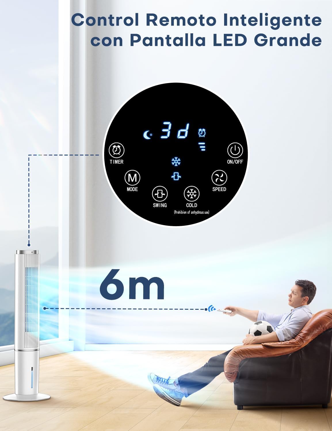 NOMEY Enfriador de Aire, 107CM Oscilación de 90°, 4L Tanque Aire Acondicionado, Viene con un Ventilador de Mano Portátil, Control Remoto, Pantalla LED Táctil, 4 Modos 3 Velocidades, 12H Temporizador