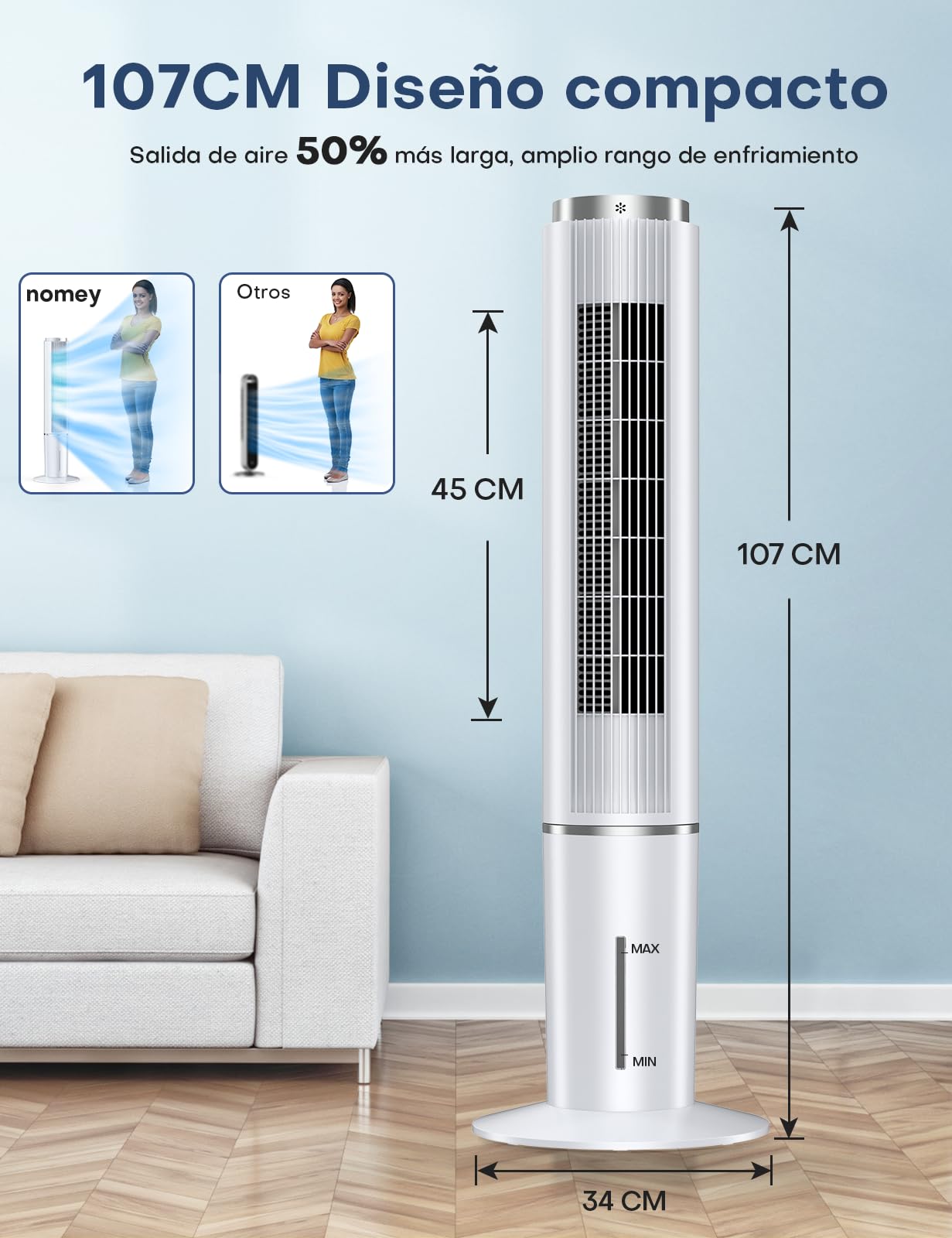 NOMEY Enfriador de Aire, 107CM Oscilación de 90°, 4L Tanque Aire Acondicionado, Viene con un Ventilador de Mano Portátil, Control Remoto, Pantalla LED Táctil, 4 Modos 3 Velocidades, 12H Temporizador
