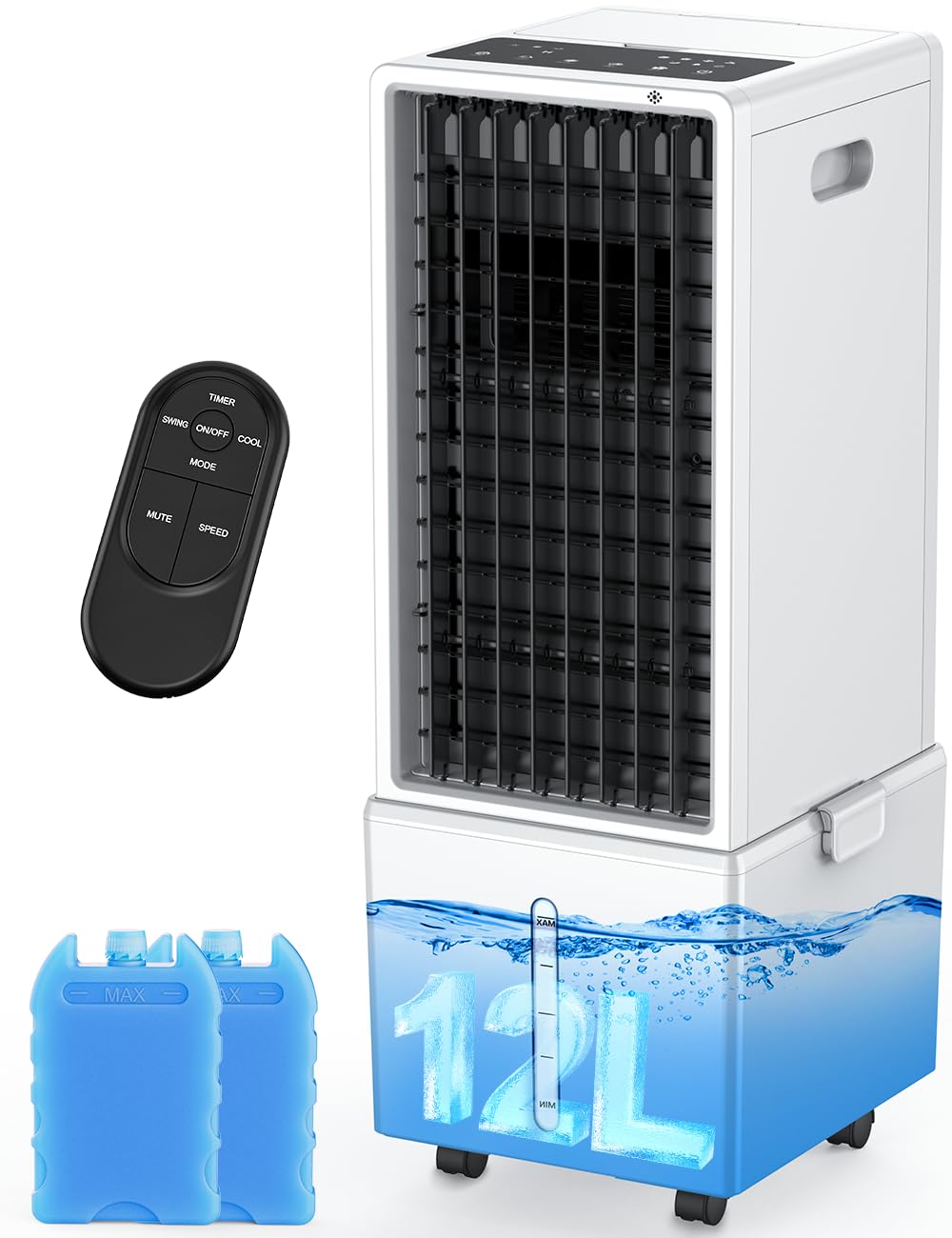 NOMEY 4 EN 1 Aire Acondicionado Portátil 12 L, Ventilador Enfriador de Aire 4 Modos, 4 Velocidades,90° Oscilación Auto, Control Remoto, Pantalla LED, Alerta sin Agua, Temporizador 12H, Para Hogar