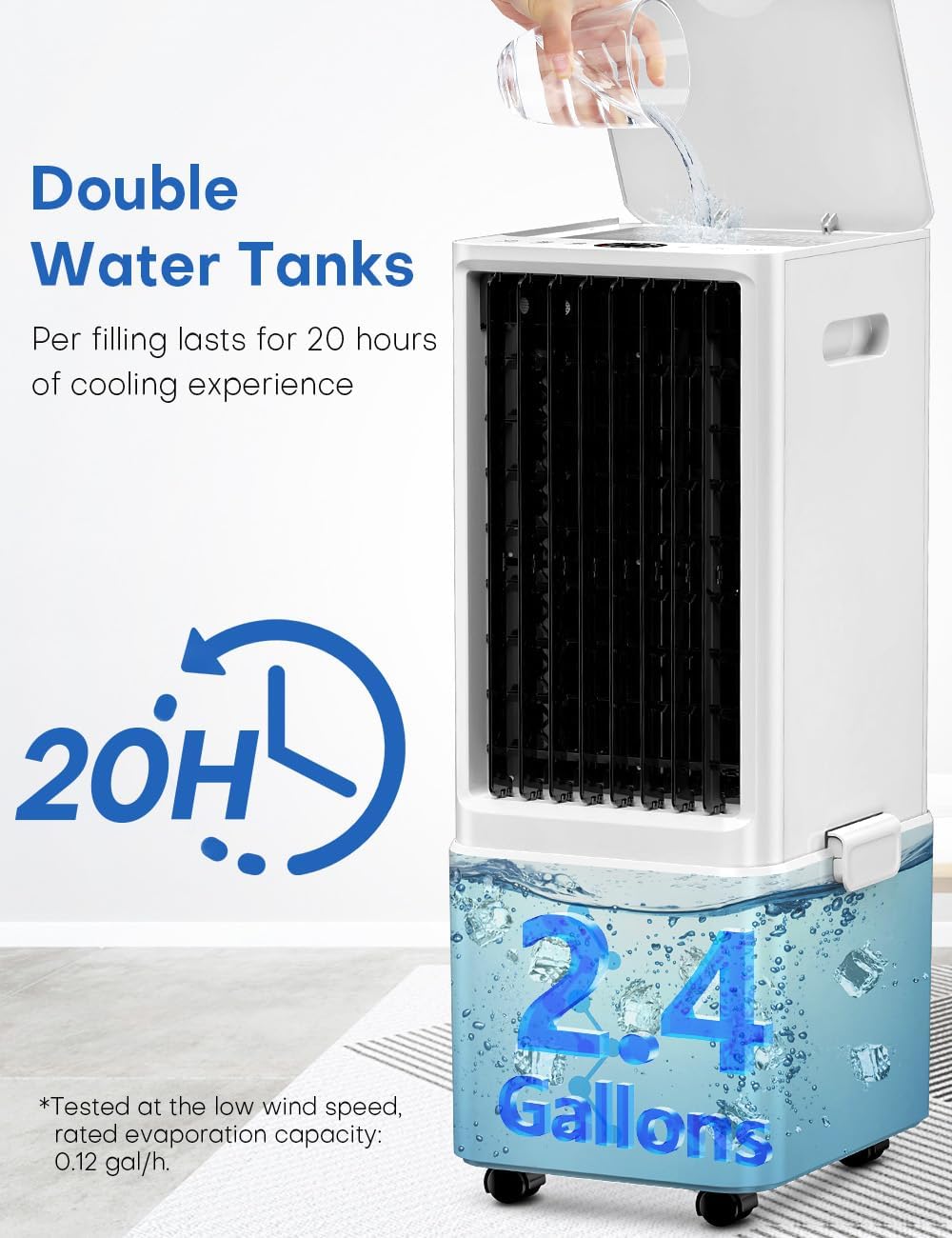 NOMEY 4 EN 1 Aire Acondicionado Portátil 12 L, Ventilador Enfriador de Aire 4 Modos, 4 Velocidades,90° Oscilación Auto, Control Remoto, Pantalla LED, Alerta sin Agua, Temporizador 12H, Para Hogar