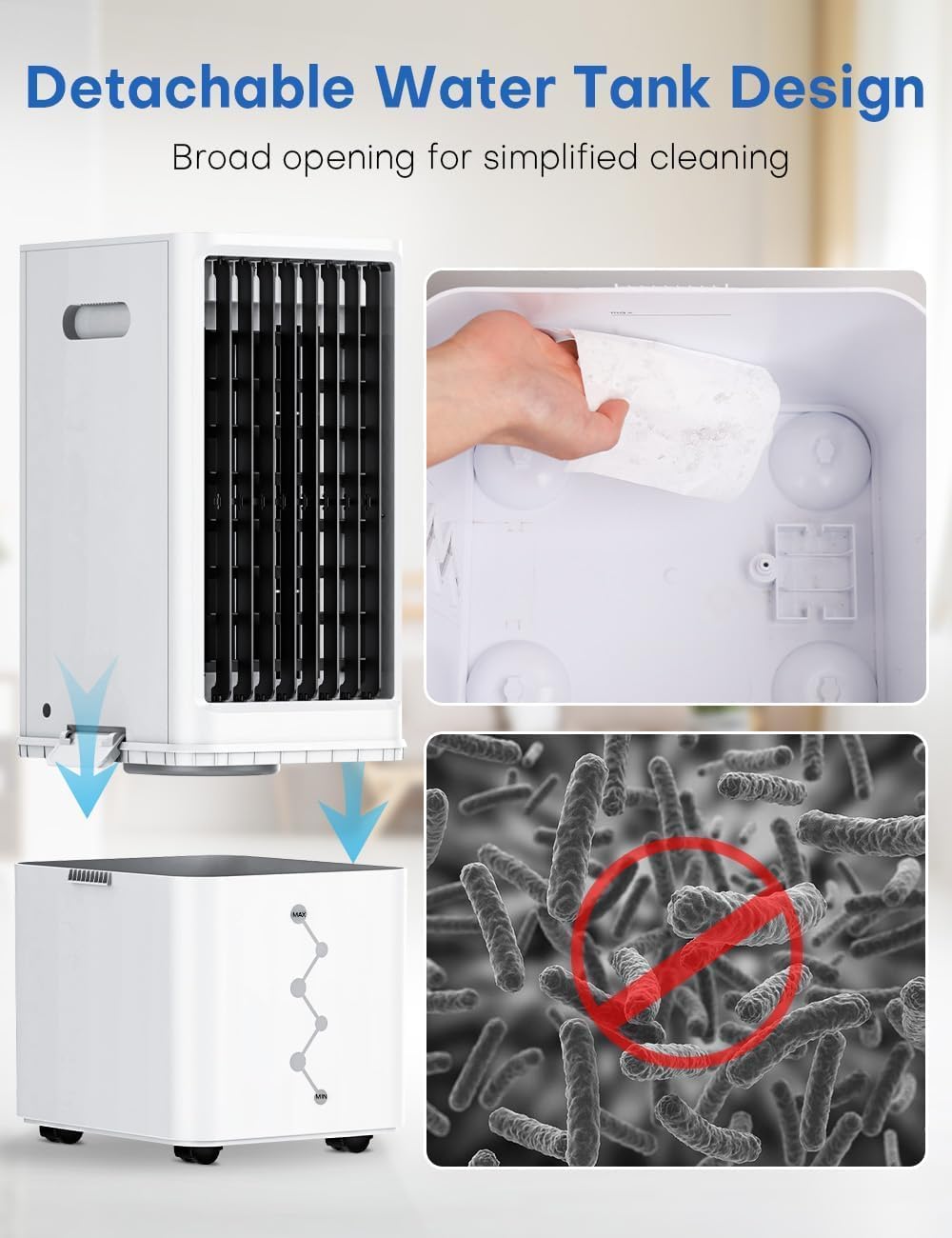 NOMEY 4 EN 1 Aire Acondicionado Portátil 12 L, Ventilador Enfriador de Aire 4 Modos, 4 Velocidades,90° Oscilación Auto, Control Remoto, Pantalla LED, Alerta sin Agua, Temporizador 12H, Para Hogar