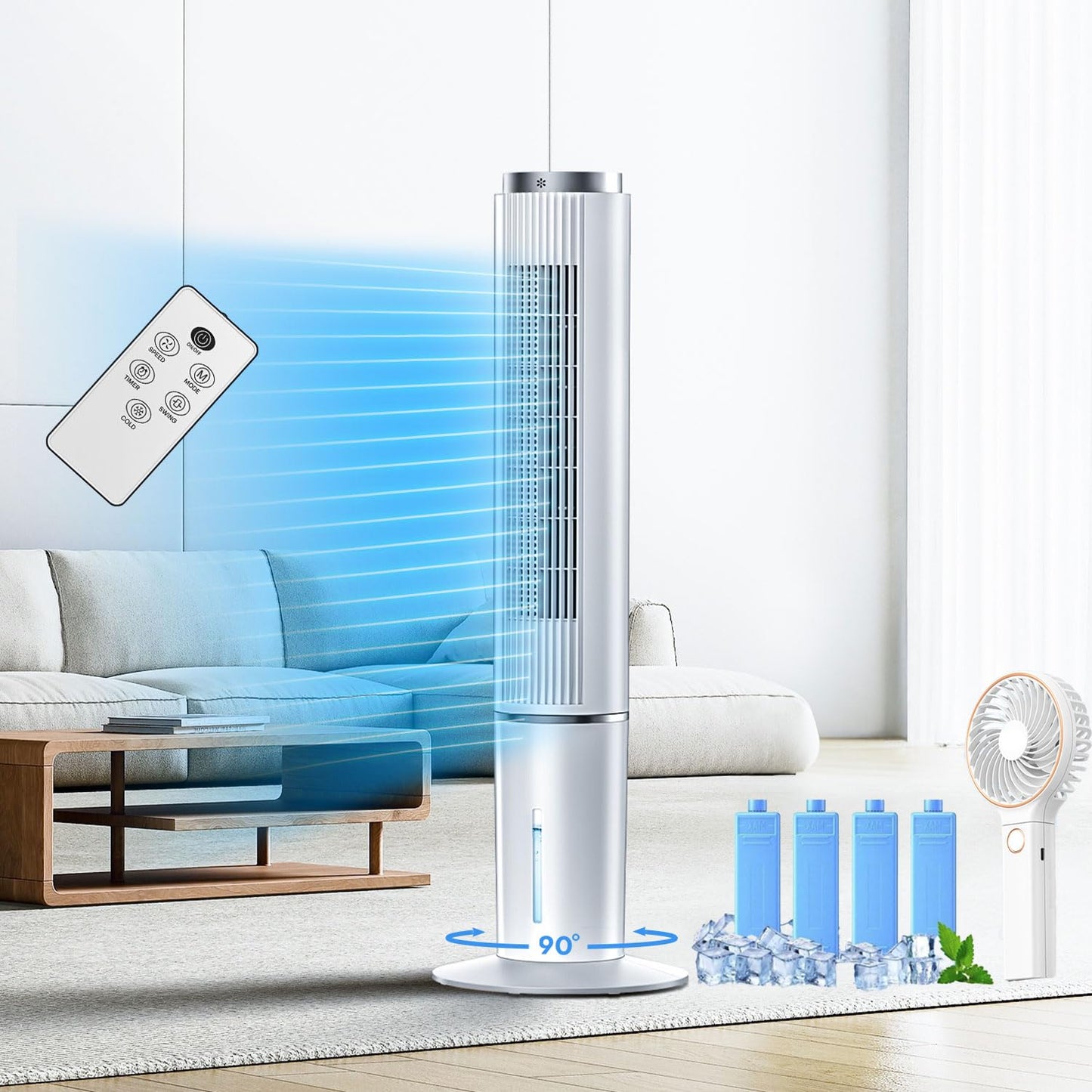 NOMEY 107CM Enfriador de Aire, 4L Tanque Aire Acondicionado,Viene con un Ventilador de Mano Portátil, Control Remoto,Pantalla LED Táctil, 4 Modos 3 Velocidades, Temporizador de 12H, Oscilación de 90°