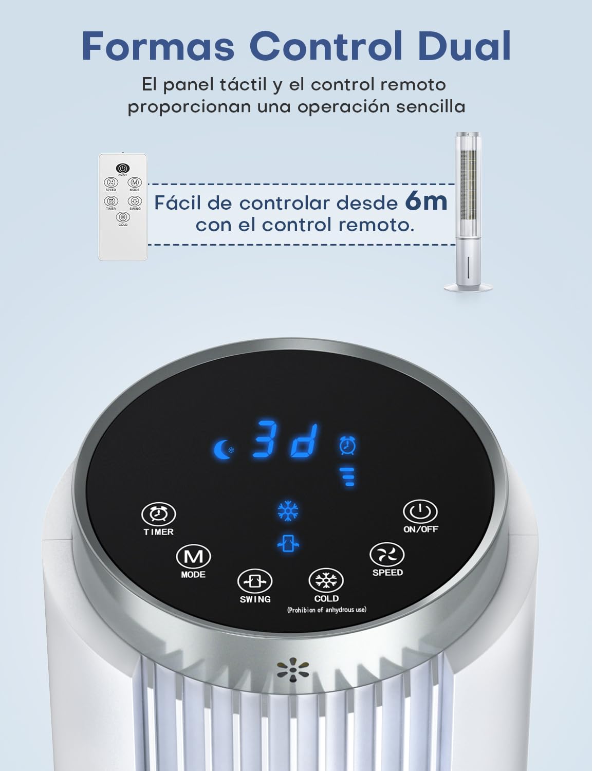 NOMEY 107CM Enfriador de Aire, 4L Tanque Aire Acondicionado,Viene con un Ventilador de Mano Portátil, Control Remoto,Pantalla LED Táctil, 4 Modos 3 Velocidades, Temporizador de 12H, Oscilación de 90°
