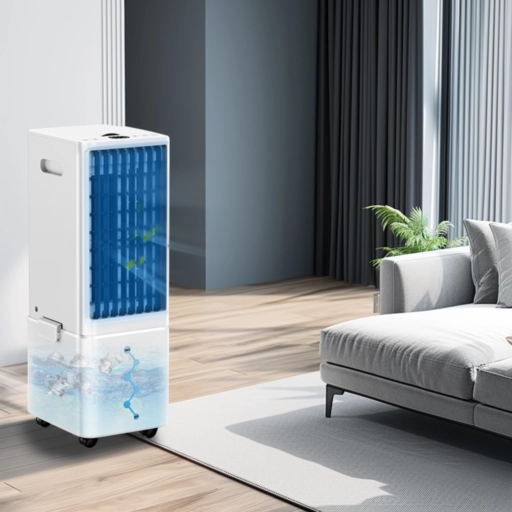 NOMEY 3 En 1 Aire Acondicionado Portátil, 9L Tanque Enfriador de Aire Portatil, 4 Modos 3 Velocidades, Apagado Automático, Control Remoto, Temporizador de 12h, Ideal Para Dormitorios, Oficinas