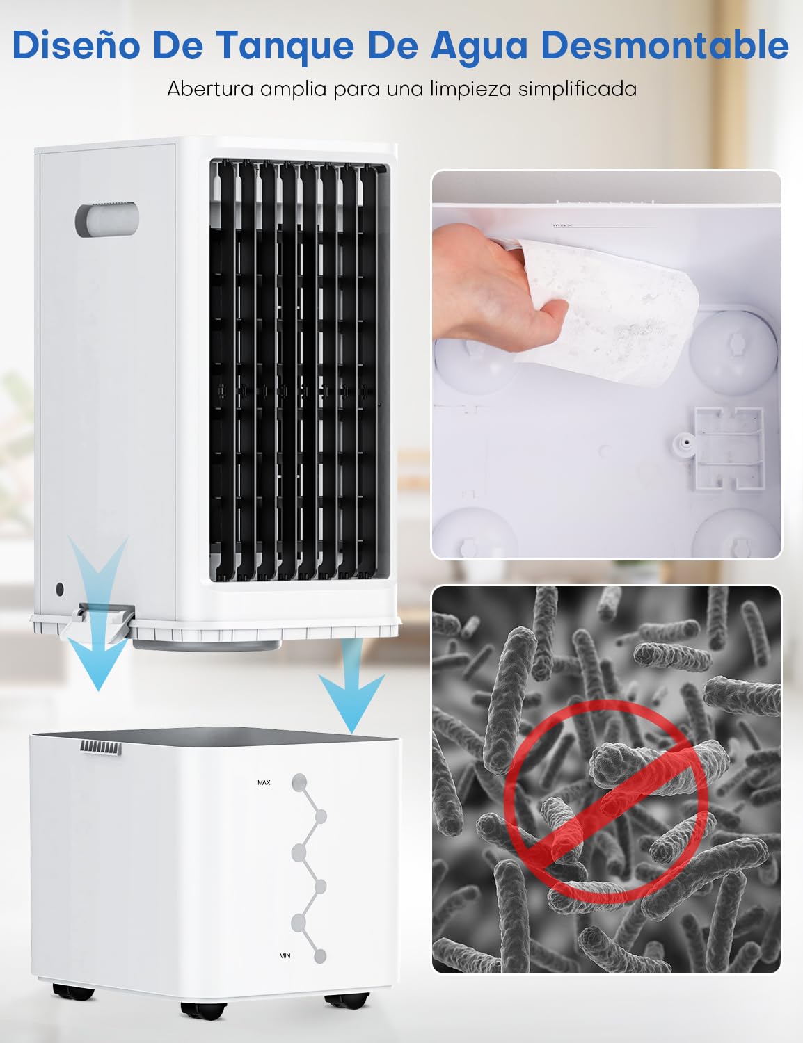 NOMEY 3 En 1 Aire Acondicionado Portátil, 9L Tanque Enfriador de Aire Portatil, 4 Modos 3 Velocidades, Apagado Automático, Control Remoto, Temporizador de 12h, Ideal Para Dormitorios, Oficinas